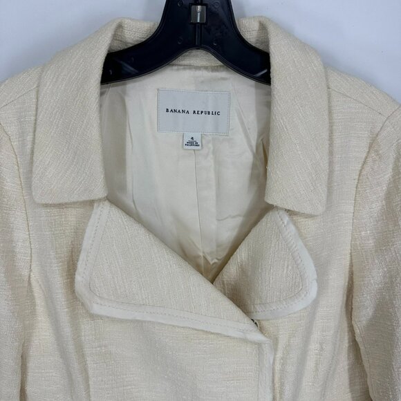 Banana Republic Tweed Moto Jacket 4 Asymmetrical Blazer Cotton Cream Snap Button - Picture 6 of 7